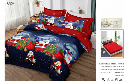 LENJERII DE PAT - Lenjerie Din Bumbac Tip Finet Cu Elastic Craciun - Mos Craciun