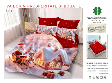 LENJERII DE PAT - Lenjerie Din Bumbac Tip Finet Cu Elastic Craciun - Mos In Sanie Pe Strada