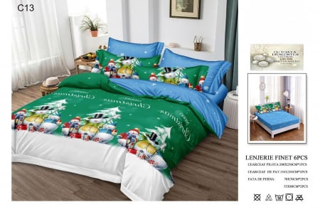 LENJERII DE PAT - Lenjerie Din Bumbac Tip Finet Cu Elastic Craciun -Oameni De Zapada
