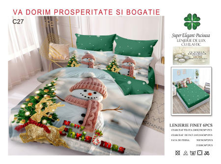 PRODUSE PENTRU CRACIUN - Lenjerie Din Bumbac Tip Finet Cu Elastic Craciun - Om De Zapada Si Brad