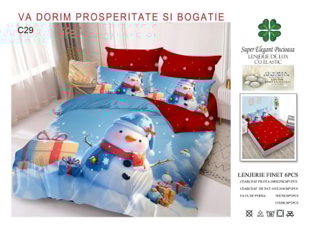 LENJERII DE PAT - Lenjerie Din Bumbac Tip Finet Cu Elastic Craciun - Om De Zapada Si Brad