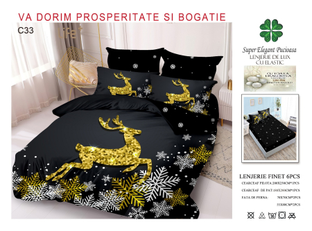 LENJERII DE PAT - Lenjerie Din Bumbac Tip Finet Cu Elastic Craciun - Ren Auriu