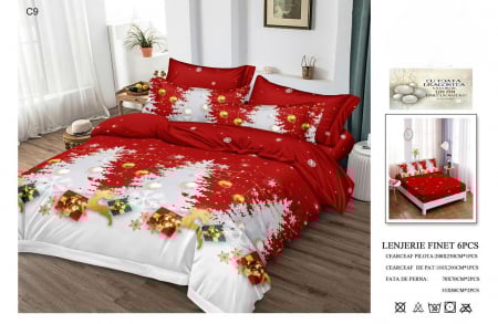 LENJERII DE PAT - Lenjerie Din Bumbac Tip Finet Cu Elastic Craciun - Reni Si Globuri