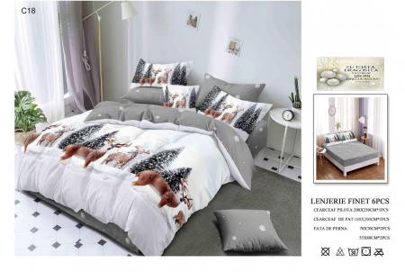 LENJERII DE PAT - Lenjerie Din Bumbac Tip Finet Cu Elastic Craciun - Renii Din Padure