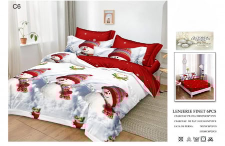 LENJERII DE PAT - Lenjerie Din Bumbac Tip Finet Cu Elastic Craciun - Trei Oameni De Zapada