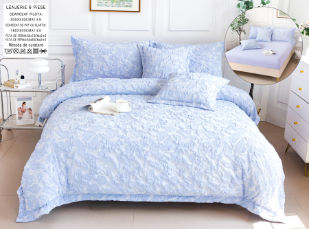 LENJERII DE PAT - Lenjerie Din Bumbac Tip Finet Cu Elastic Model Gofrat  - Bleu Frunze