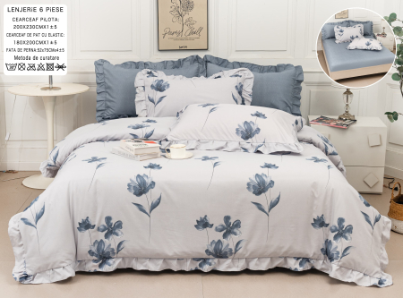 Bumbac Tip Finet Cu Volanase - Lenjerie Din Bumbac Tip Finet Cu Elastic Model Volanas  - Alb Cu Flori Bleumarin