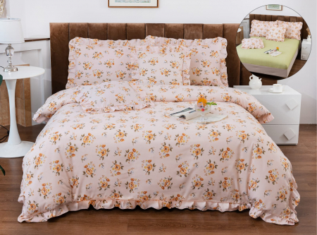 LENJERII DE PAT - Lenjerie Din Bumbac Tip Finet Cu Elastic Model Volanas  - Flori Orange