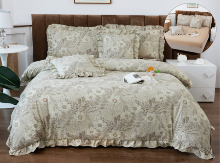 LENJERII DE PAT - Lenjerie Din Bumbac Tip Finet Cu Elastic Model Volanas  - Bej Boem Floral