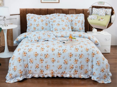 LENJERII DE PAT - Lenjerie Din Bumbac Tip Finet Cu Elastic Model Volanas  - Bleu Boem Floral