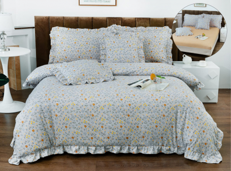 LENJERII DE PAT - Lenjerie Din Bumbac Tip Finet Cu Elastic Model Volanas  - Bleu Mini Trandafiri