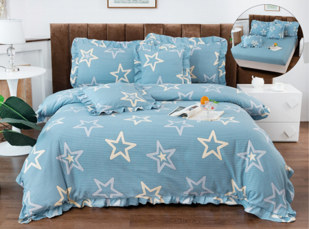 LENJERII DE PAT - Lenjerie Din Bumbac Tip Finet Cu Elastic Model Volanas  - Bleu Stelar