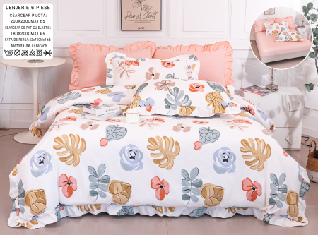 Bumbac Tip Finet Cu Volanase - Lenjerie Din Bumbac Tip Finet Cu Elastic Model Volanas  - Corai Cu Flori Si Frunze