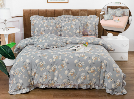 LENJERII DE PAT - Lenjerie Din Bumbac Tip Finet Cu Elastic Model Volanas  - Gri Boem Floral