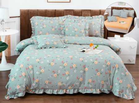 Bumbac Tip Finet Cu Volanase - Lenjerie Din Bumbac Tip Finet Cu Elastic Model Volanas  - Portocaliu Cu Flori