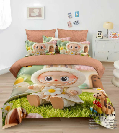 Cearceaf cu elastic - Lenjerie din Bumbac Tip Finet pentru Copii cu Elastic - Labubu in Gradina