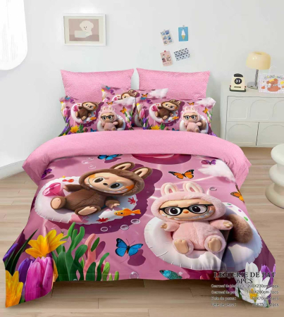 Cearceaf cu elastic - Lenjerie din Bumbac Tip Finet pentru Copii cu Elastic - Labubu la Plaja