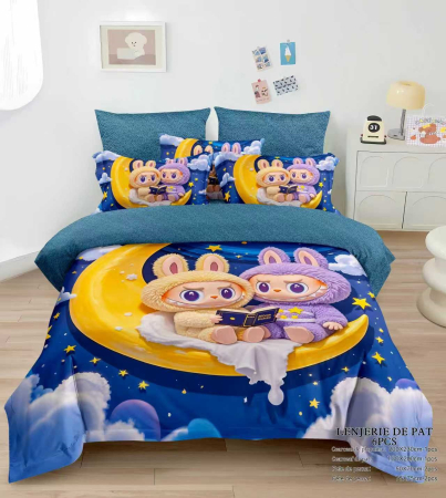 Cearceaf cu elastic - Lenjerie din Bumbac Tip Finet pentru Copii cu Elastic - Labubu pe Luna