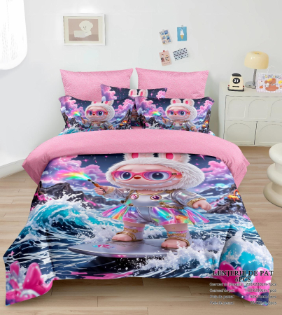 Cearceaf cu elastic - Lenjerie din Bumbac Tip Finet pentru Copii cu Elastic - Labubu pe Val