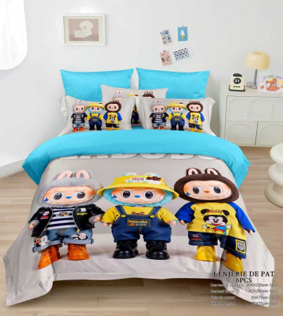 Cearceaf cu elastic - Lenjerie din Bumbac Tip Finet pentru Copii cu Elastic - Labubu Trio