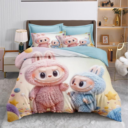 Bumbac Tip Finet - Lenjerie Din Bumbac Tip Finet Pentru Copii - Labubu pe Planeta Baby Blue