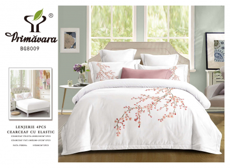 Cearceaf cu elastic - Lenjerie Din Bumbac Tip Finet Premium Cu Elastic - Alb Flori De Cires