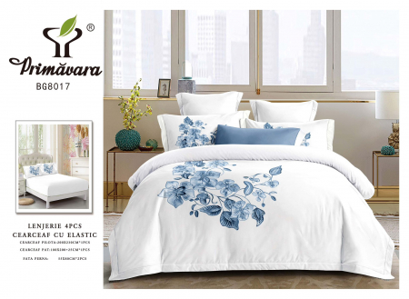LENJERII DE PAT - Lenjerie Din Bumbac Tip Finet Premium Cu Elastic - Flori Albastre