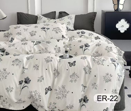 Cearceaf cu elastic - Lenjerie Din Bumbac Tip Finet Premium Cu Elastic La Cutie - Gri Inchis Cu Flori Si Fluturi