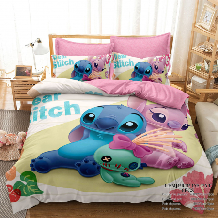 Cearceaf cu elastic - Lenjerie Din Bumbac Tip Finet Premium Cu Elastic - Lilo Si Stitch