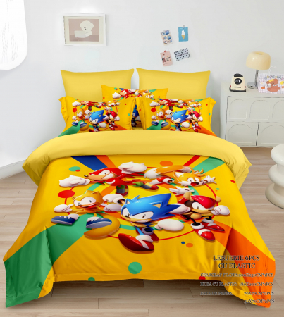 Cearceaf cu elastic - Lenjerie Din Bumbac Tip Finet Premium Cu Elastic - Sonic Si Prietenii In Cerc