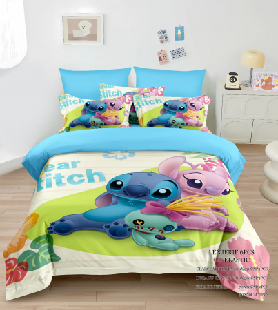 Cearceaf cu elastic - Lenjerie Din Bumbac Tip Finet Pentru Copii Cu Elastic - Stitch Si Angel Cu Papusa