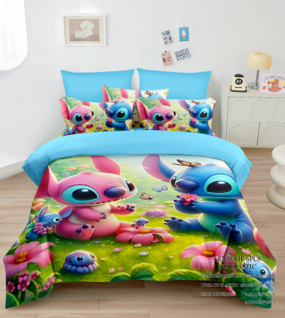 Cearceaf cu elastic - Lenjerie Din Bumbac Tip Finet Pentru Copii Cu Elastic - Stitch Si Angel Pe Camp De Flori