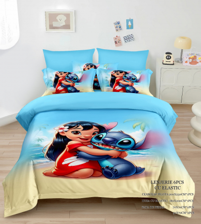 Lenjerii Pentru Copii - Pat Dublu - Lenjerie Din Bumbac Tip Finet Premium Cu Elastic - Stitch Si Lilo Pe Plaja Imbratisati