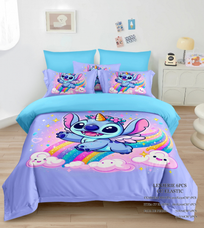 Cearceaf cu elastic - Lenjerie Din Bumbac Tip Finet Premium Cu Elastic - Stitch Unicorn Pe Curcubeu