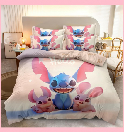 Cearceaf normal - Lenjerie Din Bumbac Tip Finet Premium Disney - Hello Stitch Crem Si Roz