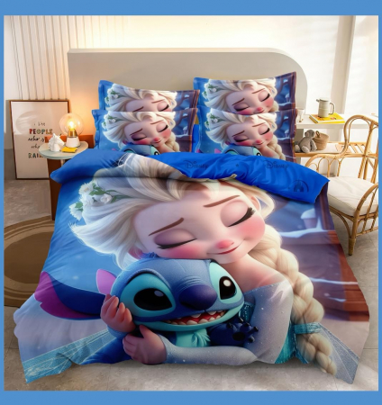 Cearceaf normal - Lenjerie Din Bumbac Tip Finet Premium Disney - Stitch Si Elsa