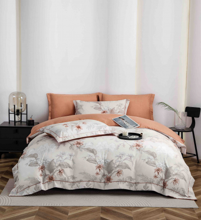 LENJERII DE PAT - Lenjerie Din Bumbac Tip Finet PREMIUM Luxury Cu Elastic - Floricele Si Frunzulite