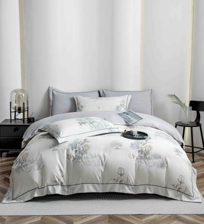 LENJERII DE PAT - Lenjerie Din Bumbac Tip Finet PREMIUM Luxury Cu Elastic - Gri CU Trandafiri