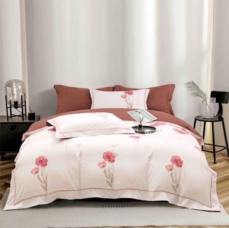 LENJERII DE PAT - Lenjerie Din Bumbac Tip Finet PREMIUM Luxury Cu Elastic - Trandafiri Caramizii
