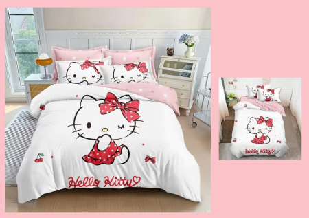 Lenjerii Pentru Copii - 1 persoana - Lenjerie Din Bumbac Tip Finet Premium Pentru Copii 1 Persoana - Hello Kitty