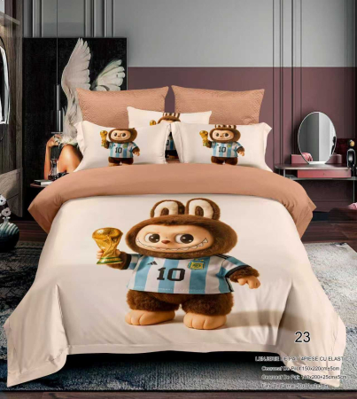 Cu personaje - Lenjerie Din Bumbac Tip Finet Premium Pentru Copii Cu Elastic 1 Persoana - Labubu Campionul