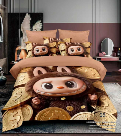 Cu personaje - Lenjerie Din Bumbac Tip Finet Premium Pentru Copii Cu Elastic 1 Persoana - Labubu Cu Bani