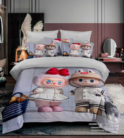 Cu personaje - Lenjerie Din Bumbac Tip Finet Premium Pentru Copii Cu Elastic 1 Persoana - Labubu Cu Iubita Si Catelul