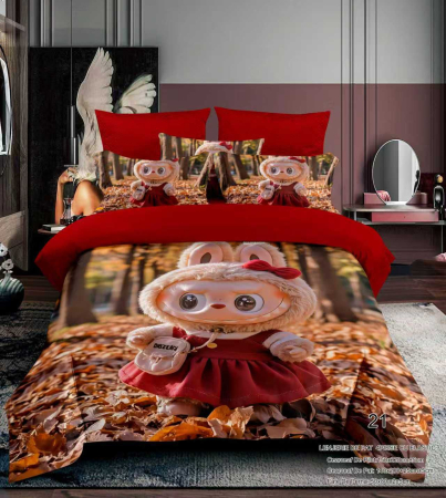 Cu personaje - Lenjerie Din Bumbac Tip Finet Premium Pentru Copii Cu Elastic 1 Persoana - Labubu Cu Rochita Toamna