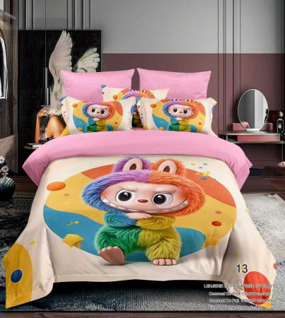 Cu personaje - Lenjerie Din Bumbac Tip Finet Premium Pentru Copii Cu Elastic 1 Persoana - Labubu Curcubeu