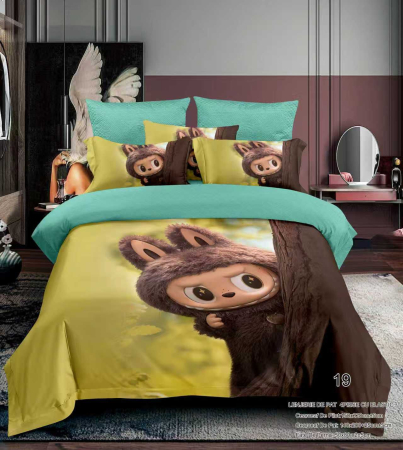 Cu personaje - Lenjerie Din Bumbac Tip Finet Premium Pentru Copii Cu Elastic 1 Persoana - Labubu Dupa Copac