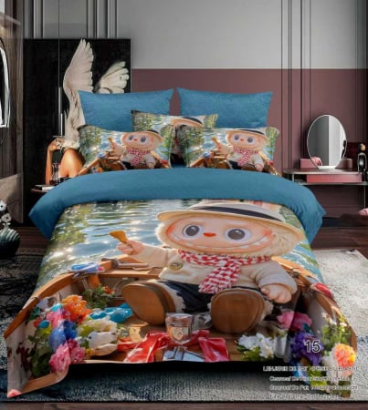 Cu personaje - Lenjerie Din Bumbac Tip Finet Premium Pentru Copii Cu Elastic 1 Persoana - Labubu Pe Barca