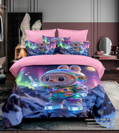 Cu personaje - Lenjerie Din Bumbac Tip Finet Premium Pentru Copii Cu Elastic 1 Persoana - Labubu In Munti