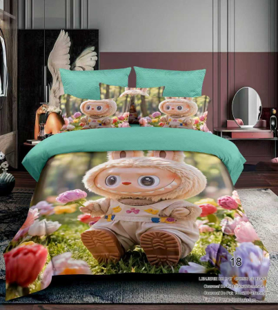 Cu personaje - Lenjerie Din Bumbac Tip Finet Premium Pentru Copii Cu Elastic 1 Persoana - Labubu Pe Campul De Flori