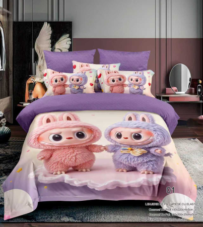 Cu personaje - Lenjerie Din Bumbac Tip Finet Premium Pentru Copii Cu Elastic 1 Persoana - Labubu Pe Lila